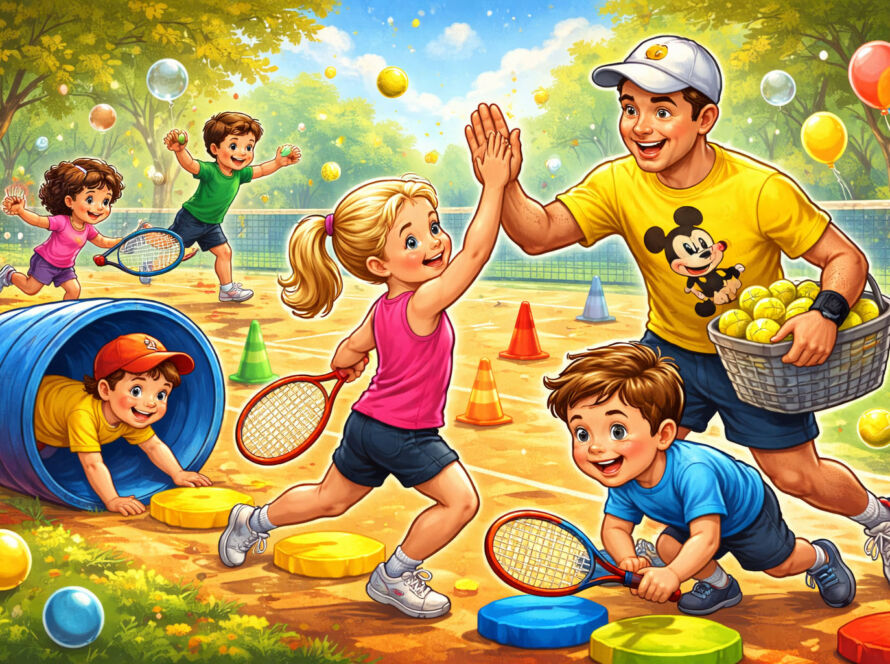 Radosne zajęcia tenisowe dla dzieci podczas treningu w AZS Poznań