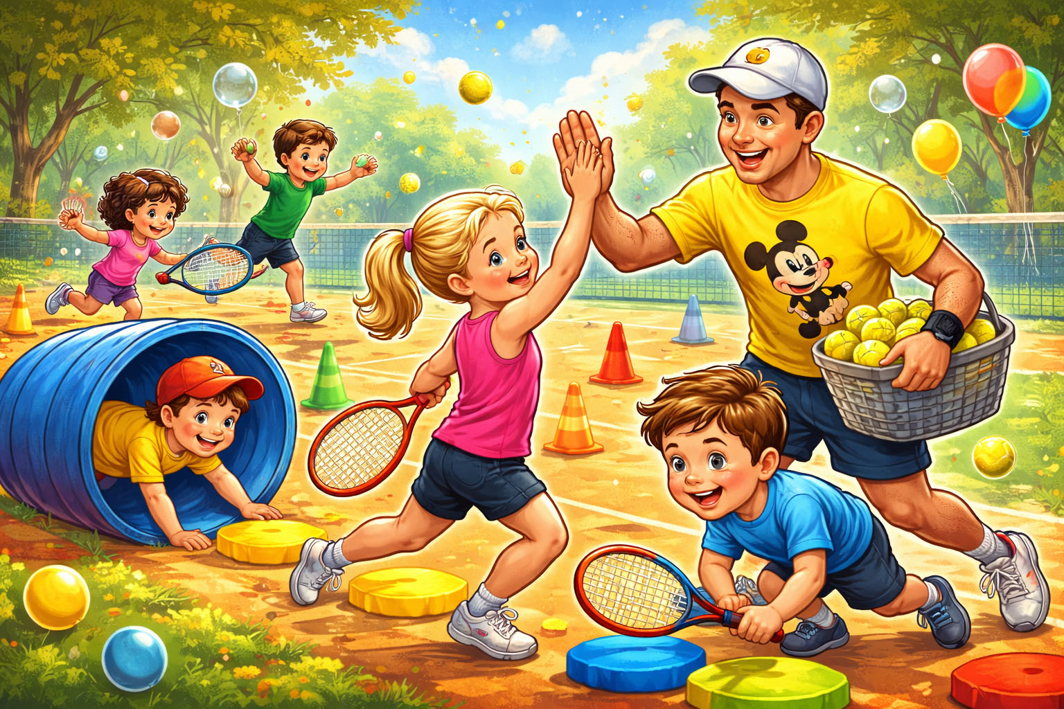 Radosne zajęcia tenisowe dla dzieci podczas treningu w AZS Poznań