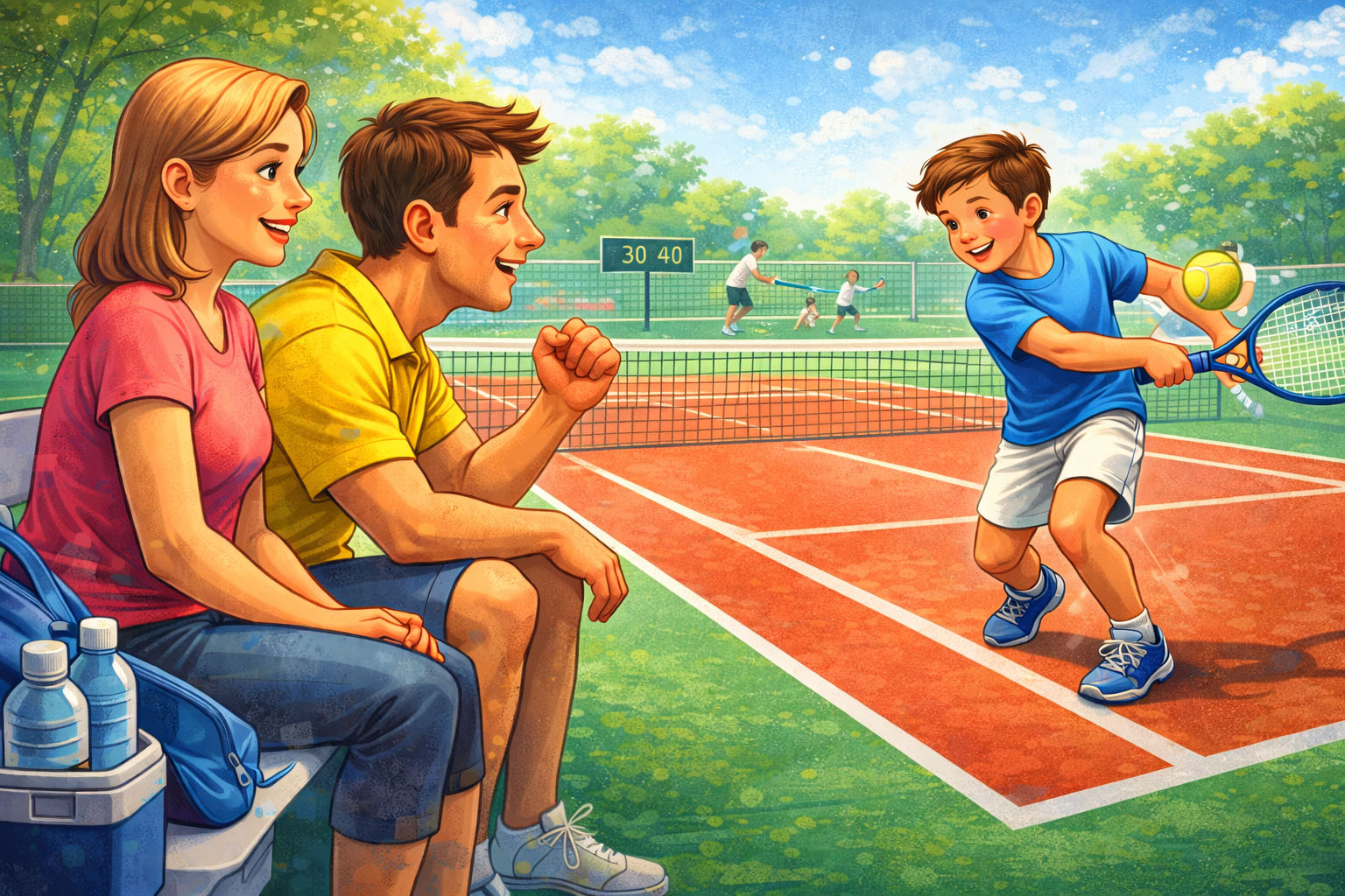 Rodzice kibicują dziecku podczas treningu tenisowego w AZS Poznań