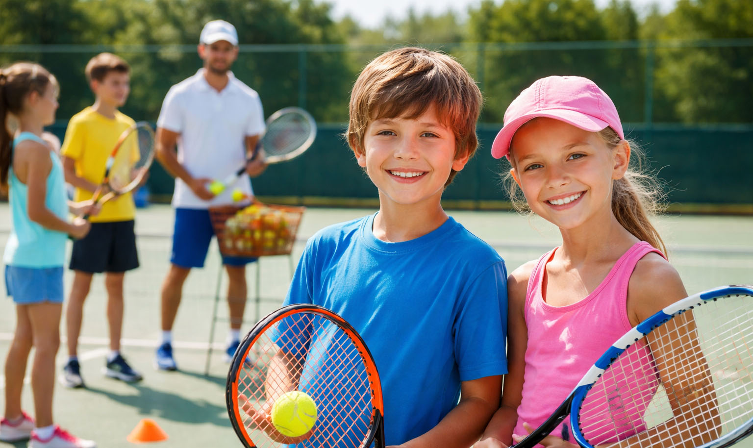 Trening tenisa dla dzieci i młodzieży - uśmiechnięci młodzi zawodnicy na korcie tenisowym