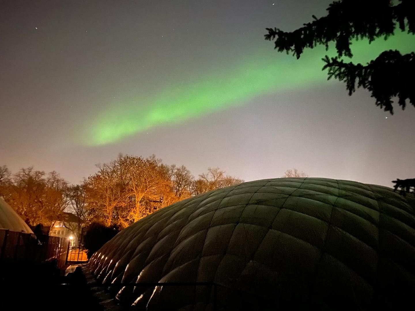 Hala tenisowa AZS Poznań oświetlona nocą podczas zorzy polarnej